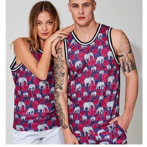 Mens adult WeSC Basketball Fitted Tank Top Elephants Flowers  Size S M L XL NWT